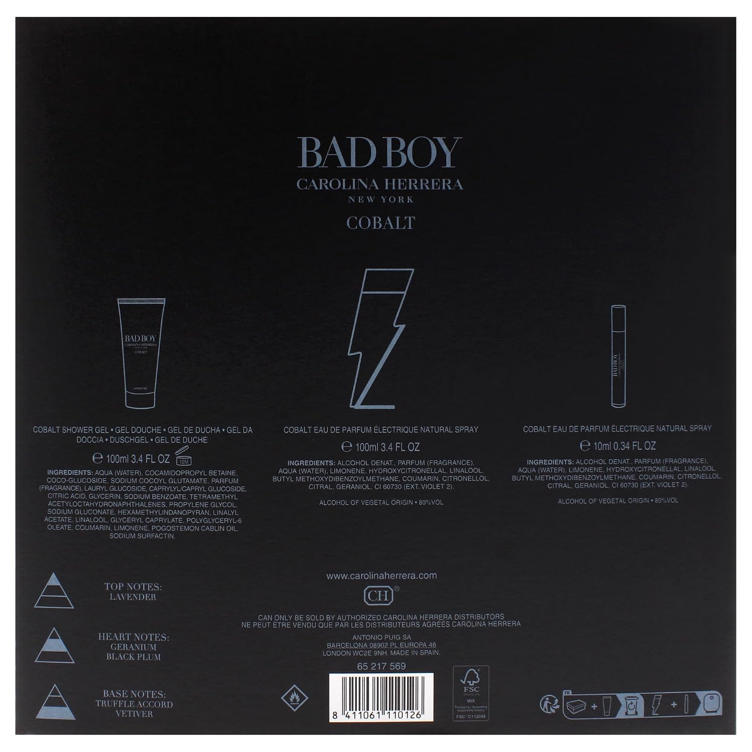 Bad Boy Cobalt Electrique by Carolina Herrera for Men - 3 Pc Gift Set 3.4oz EDP Spray 0.34oz EDP Spray (Mini), 3.4oz Shower Gel