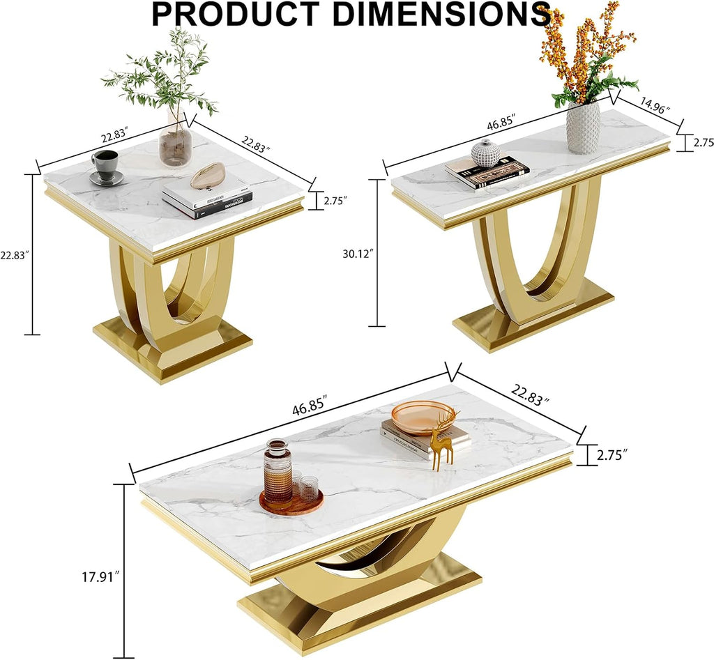Marble Coffee Table Set of 3, 3 Piece Living Room Table Set Include 1 Coffee Table & 1 End Table & 1 Console Table, Modern White Gold Coffee Sofa Table Sets with Double U Shape Stainless Steel Base