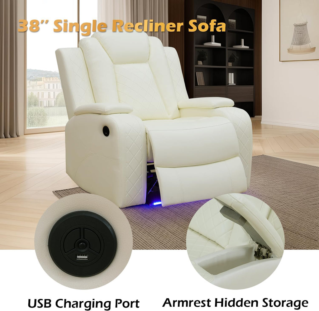 Leather Power Recliner Sectional Sofa Set with LED Light,L Shaped Leather Couch Set with Chair*2,Modular Corner Sofa with USB Ports for Living Room Furniture(White, Sectional+Chair*2)