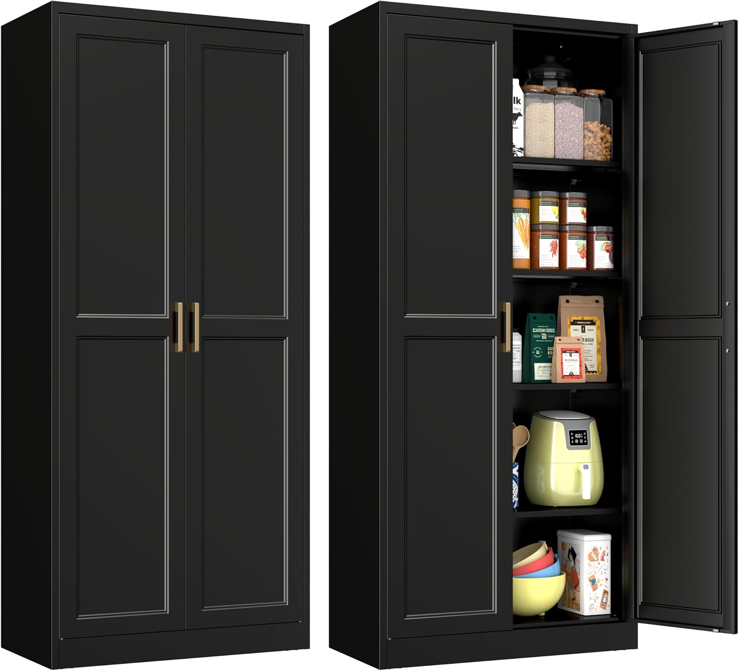 Polup Pantry Cabinet, 71 Inch Tall Kitchen Storage Cabinet, Metal Pantry Cabinet with Doors and Adjustable Shelves, Freestanding Heavy Duty Steel Utility Cupboard for Garage, Office, Laundry, Black