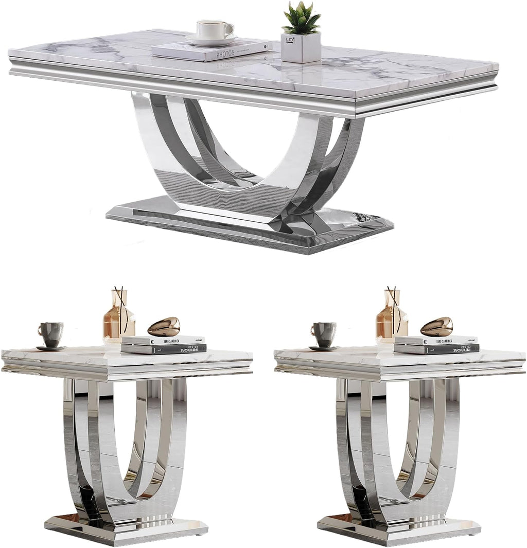 3 Pieces Coffee Table Set, Faux Marble Living Room Table Set of 3, Modern Coffee Table and 2 End Tables with Dual U-Shaped Stainless Steel Base for Living Room (White Silver)
