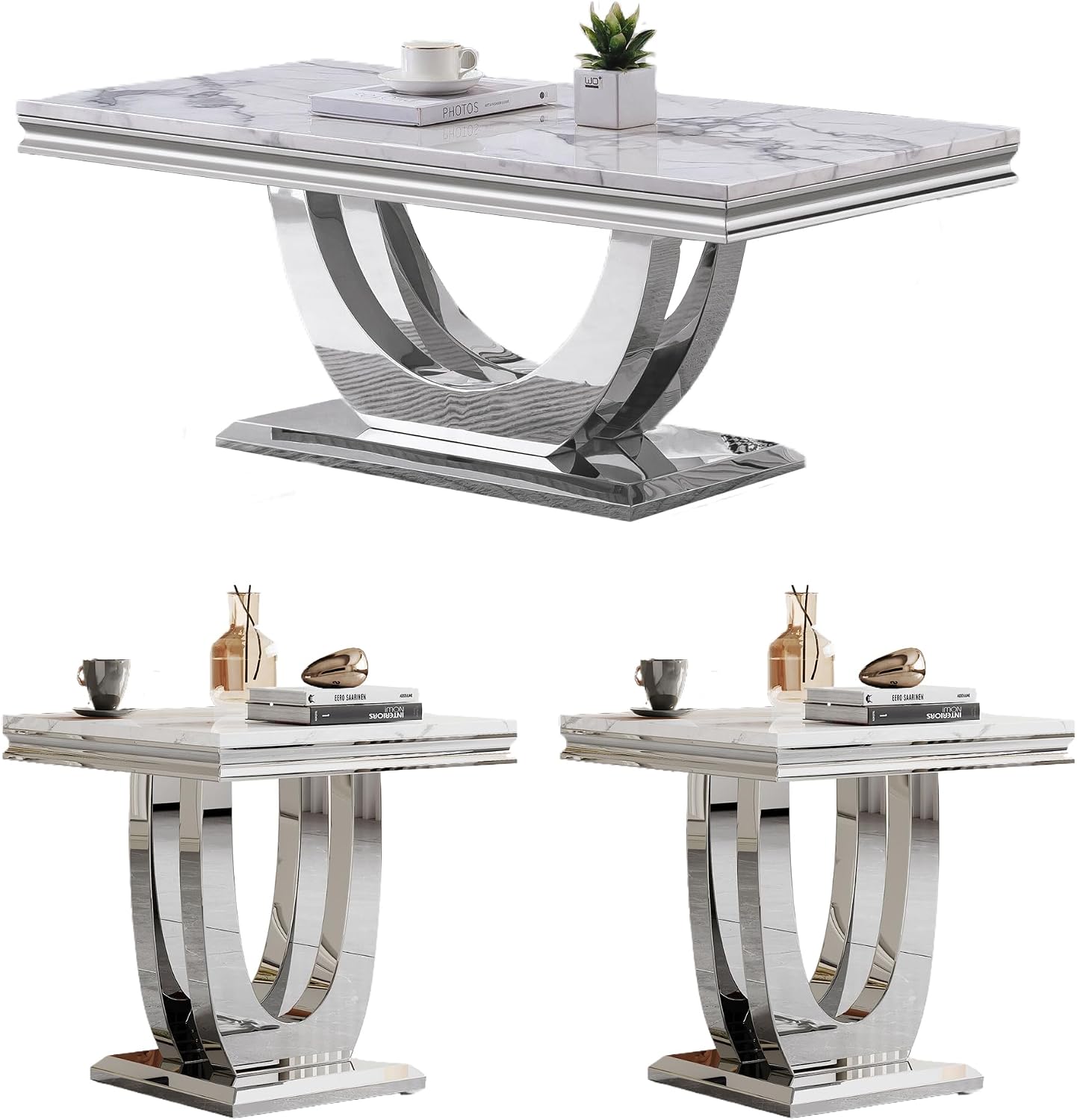 3 Pieces Coffee Table Set, Faux Marble Living Room Table Set of 3, Modern Coffee Table and 2 End Tables with Dual U-Shaped Stainless Steel Base for Living Room (White Silver)