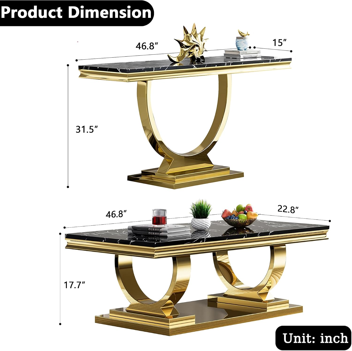 2 Piece Marble Living Room Table Set Modern Black Faux Marble Coffee Table and Console Table with Gold O-Shape Stainless Steel Frame Elegant Coffee Table Set of 2 for Home Office