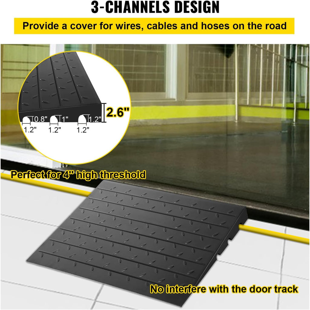 Happybuy Rubber Threshold Ramp, 2.6' Rise, Doorway Ramp with 3 Channels Cord Cover, Solid Rubber Angled Entry Ramp, 2202 lbs Load Capacity for Wheelchairs and Scooters