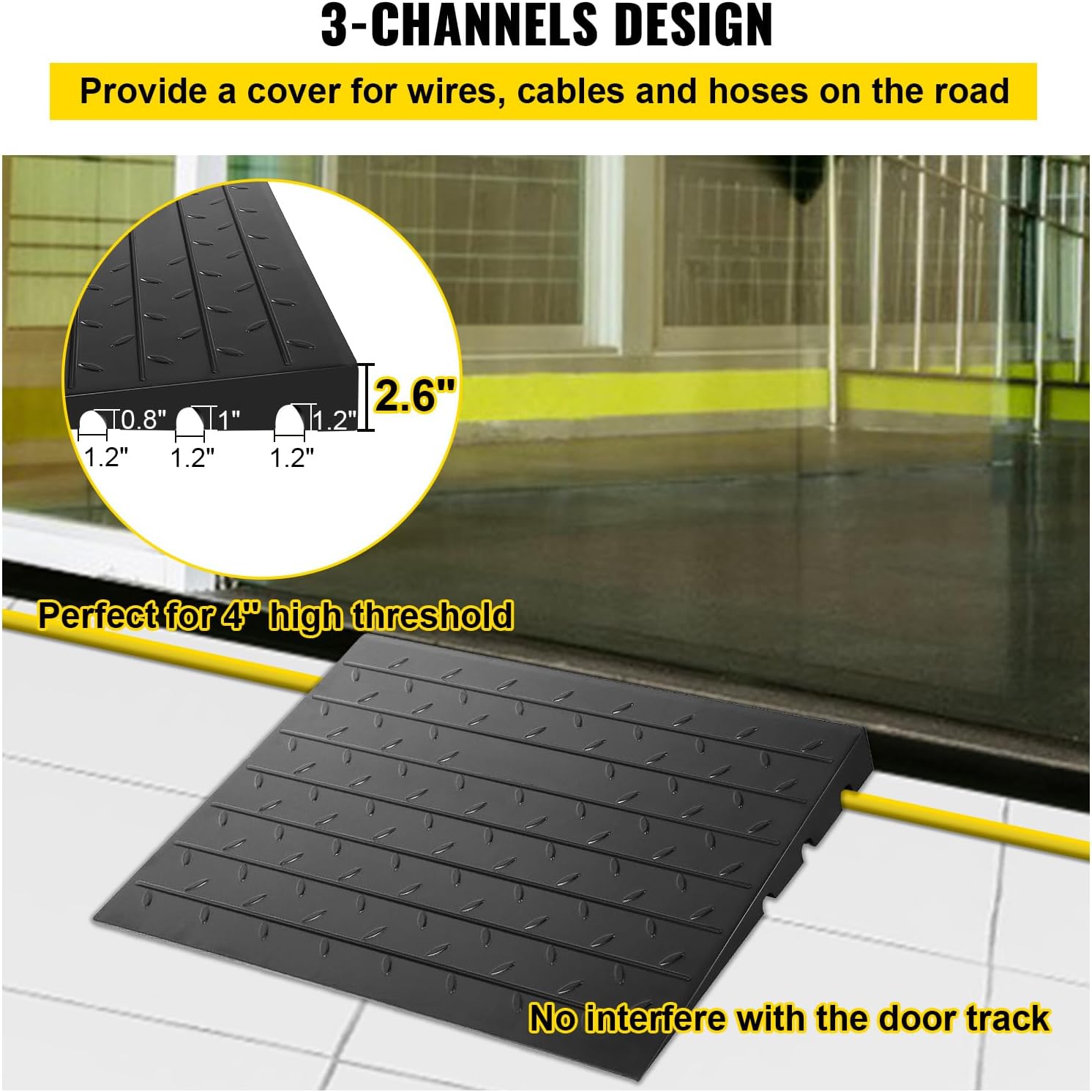 Happybuy Rubber Threshold Ramp, 2.6' Rise, Doorway Ramp with 3 Channels Cord Cover, Solid Rubber Angled Entry Ramp, 2202 lbs Load Capacity for Wheelchairs and Scooters