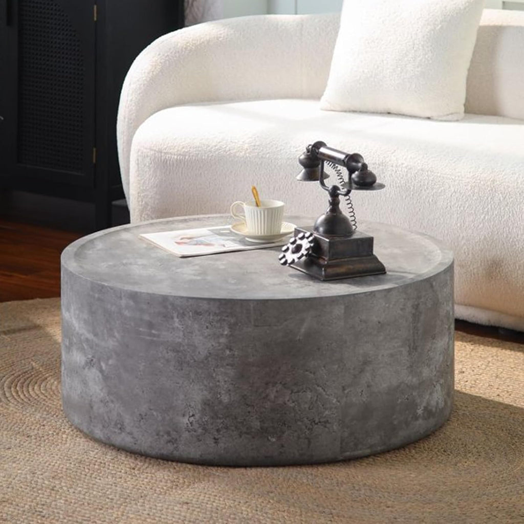 Modern Drum Coffee Table Faux Stone Finish Wood Coffee Tables Concrete Gray Round Center Table for Living Room Home Office,31.5'- Fully Assembled
