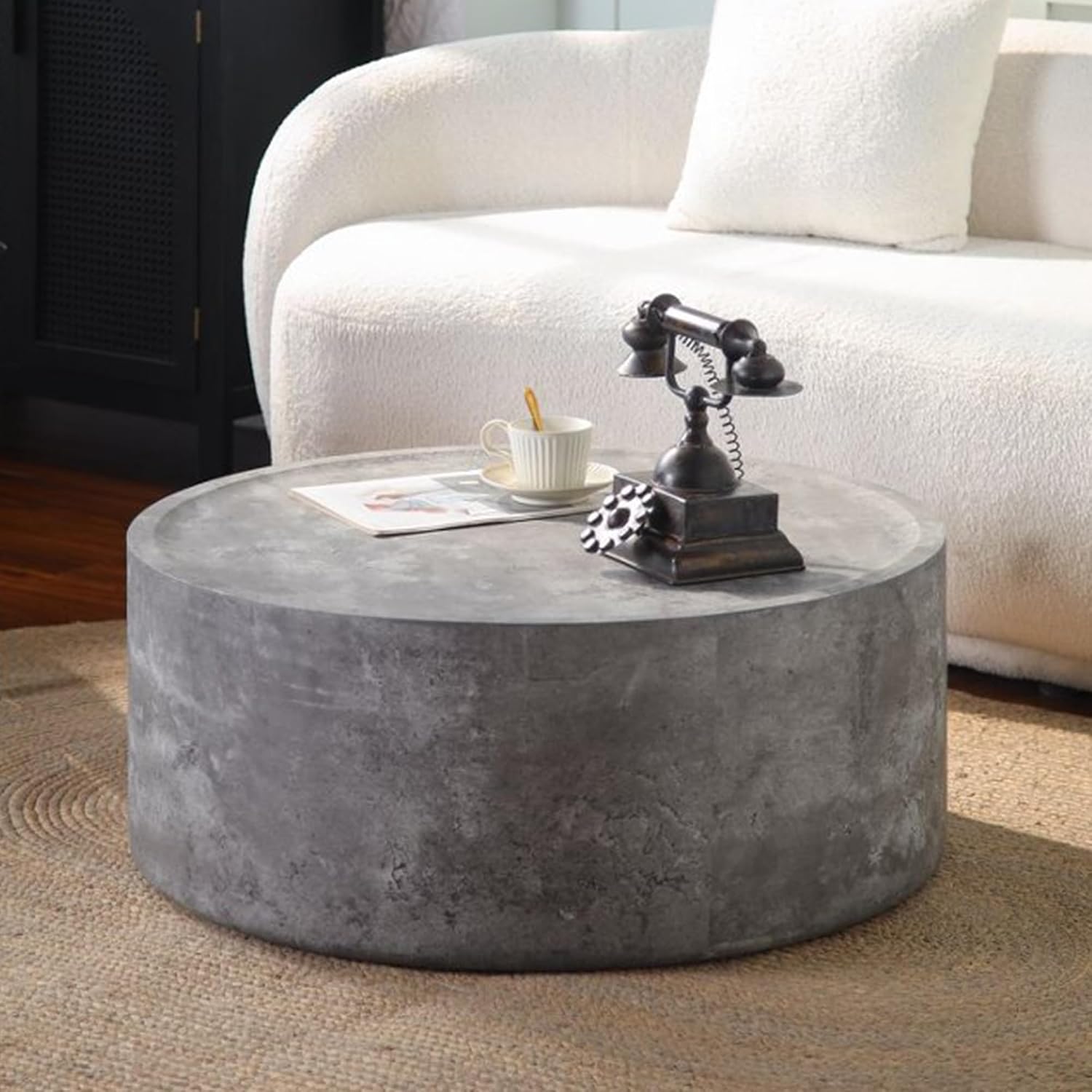 Modern Drum Coffee Table Faux Stone Finish Wood Coffee Tables Concrete Gray Round Center Table for Living Room Home Office,31.5'- Fully Assembled