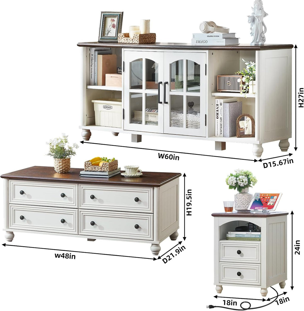 RWYHG Farmhouse Coffee Table & TV Stand Set of 4,Entertainment Center for 60 Inch TV,Wooden Coffee Tables with 4 Drawers, 2 Drawers Nightstand with Charging Station for Living Room,Bedroom,White