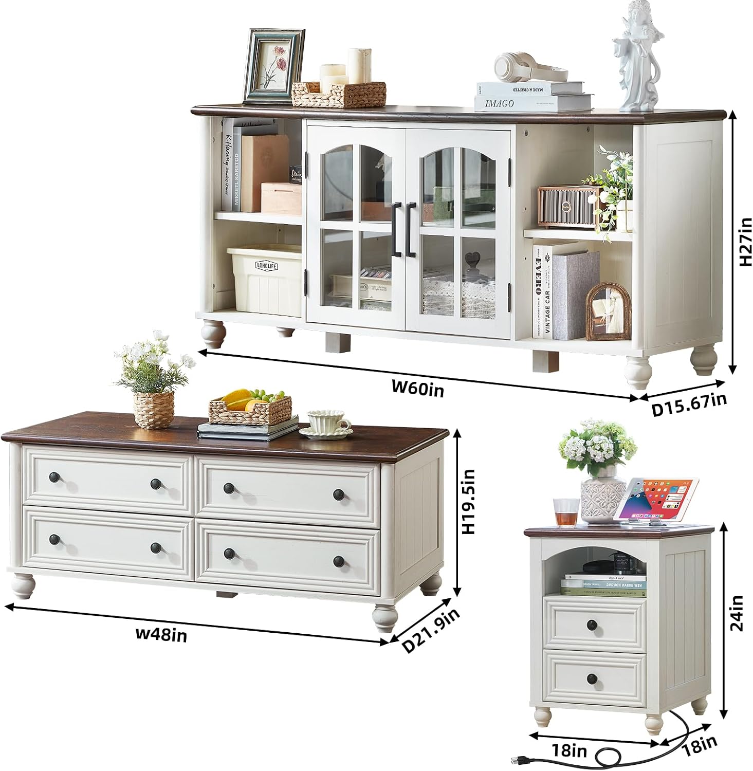 RWYHG Farmhouse Coffee Table & TV Stand Set of 4,Entertainment Center for 60 Inch TV,Wooden Coffee Tables with 4 Drawers, 2 Drawers Nightstand with Charging Station for Living Room,Bedroom,White
