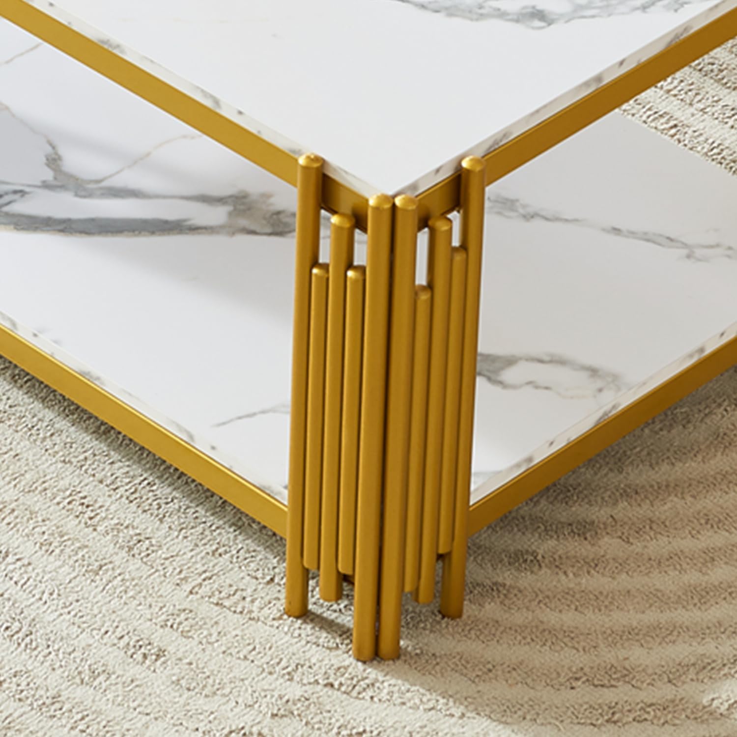 White Marble Coffee Table Set - 2 Piece Luxury Living Room Table Set with Faux Marble Top and Chrome Metal I-Base