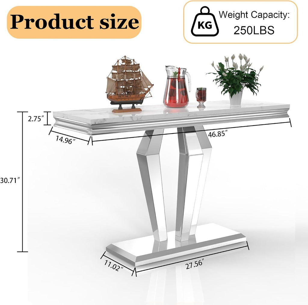 47 inch Gold Console Table, Modern Entryway Table with Diamond-Shaped Metal Base for Entrance, Hallway, Living Room (White Faux Marble & Silver)