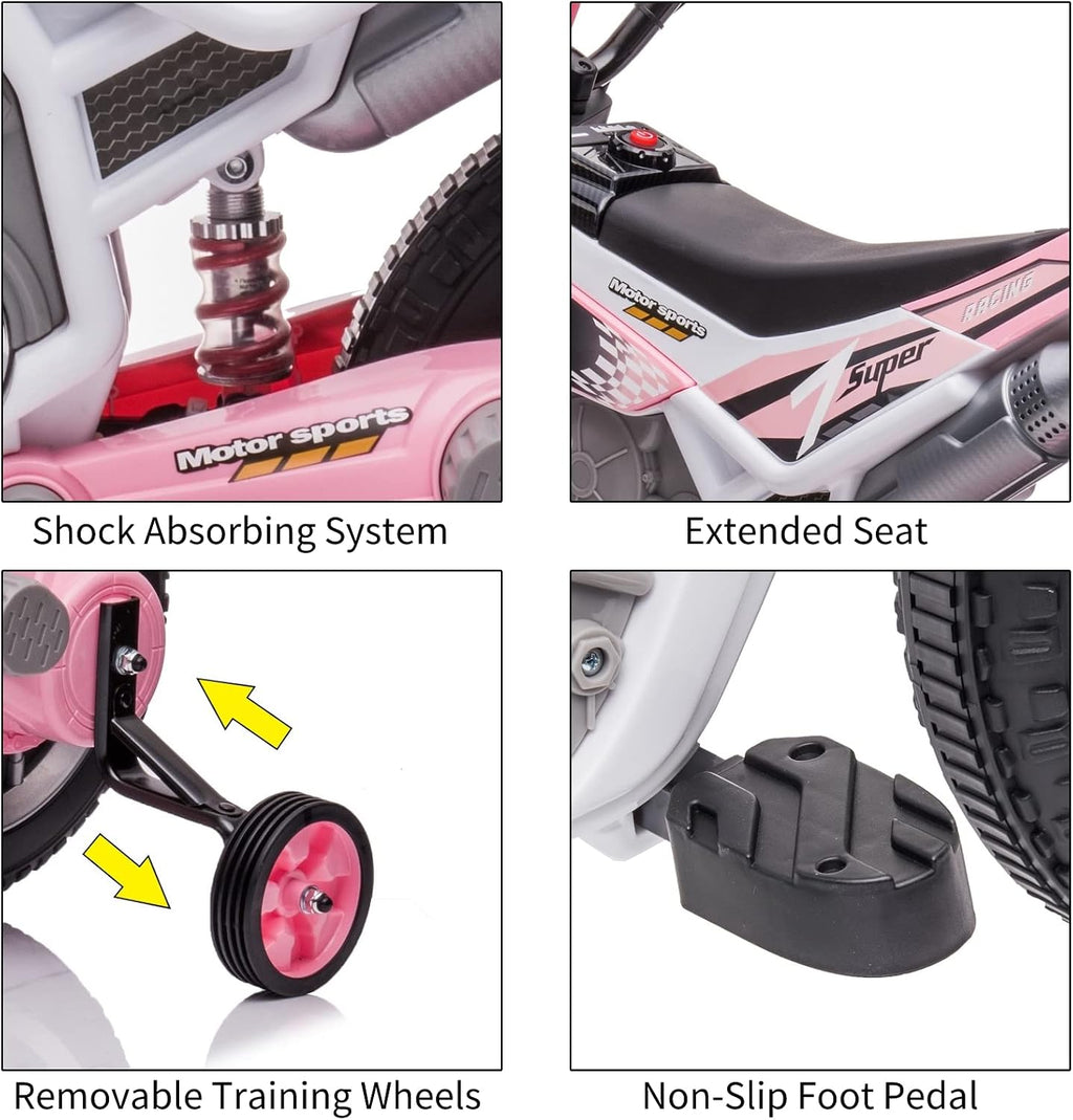 12V Electric Dirt Bike for Kids Battery Powered Motorcycle for Kids Girls Ride On Toy Motorbike with 2 Speeds Training Wheels Spring Suspension, Light Pink