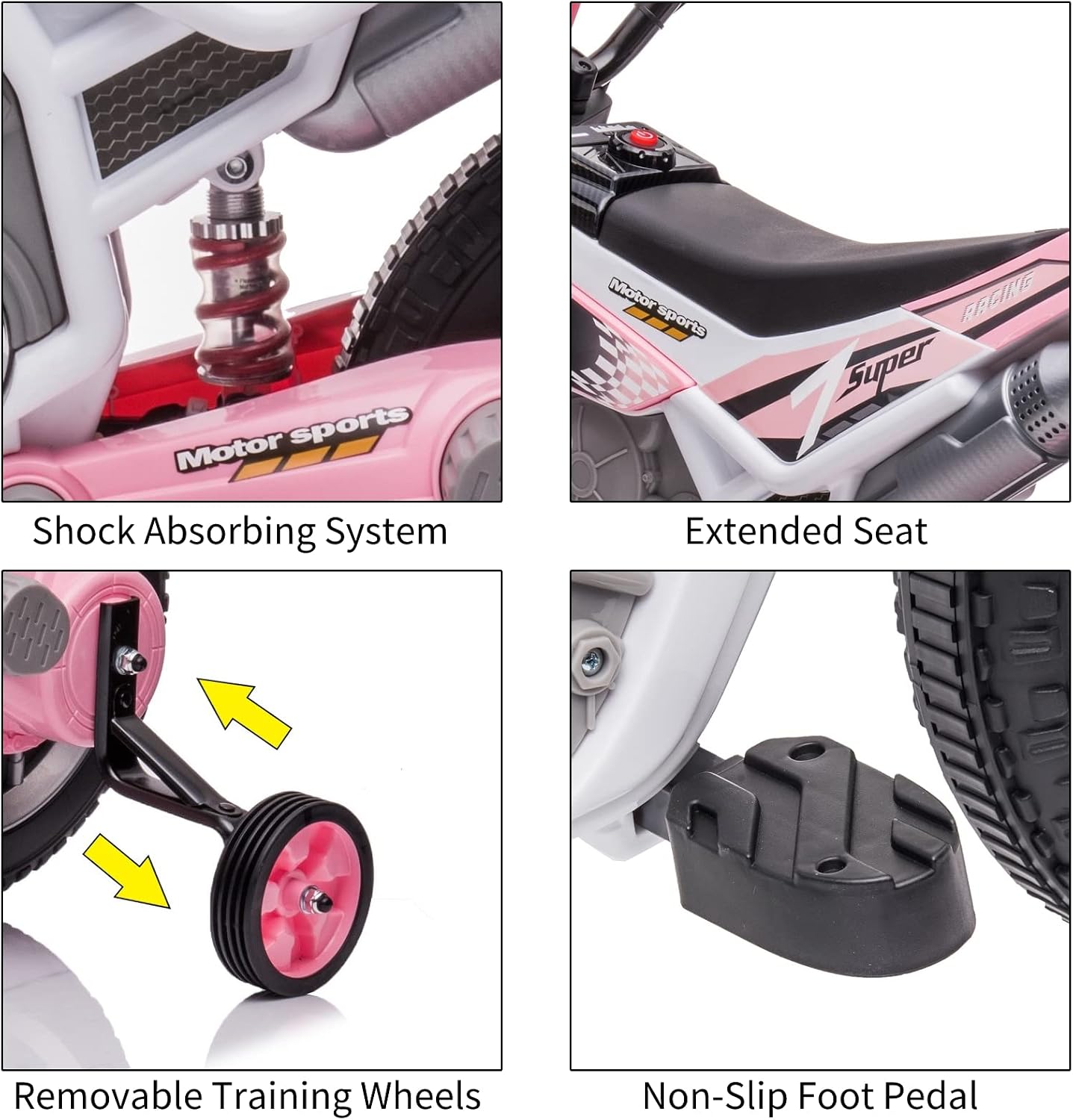 12V Electric Dirt Bike for Kids Battery Powered Motorcycle for Kids Girls Ride On Toy Motorbike with 2 Speeds Training Wheels Spring Suspension, Light Pink