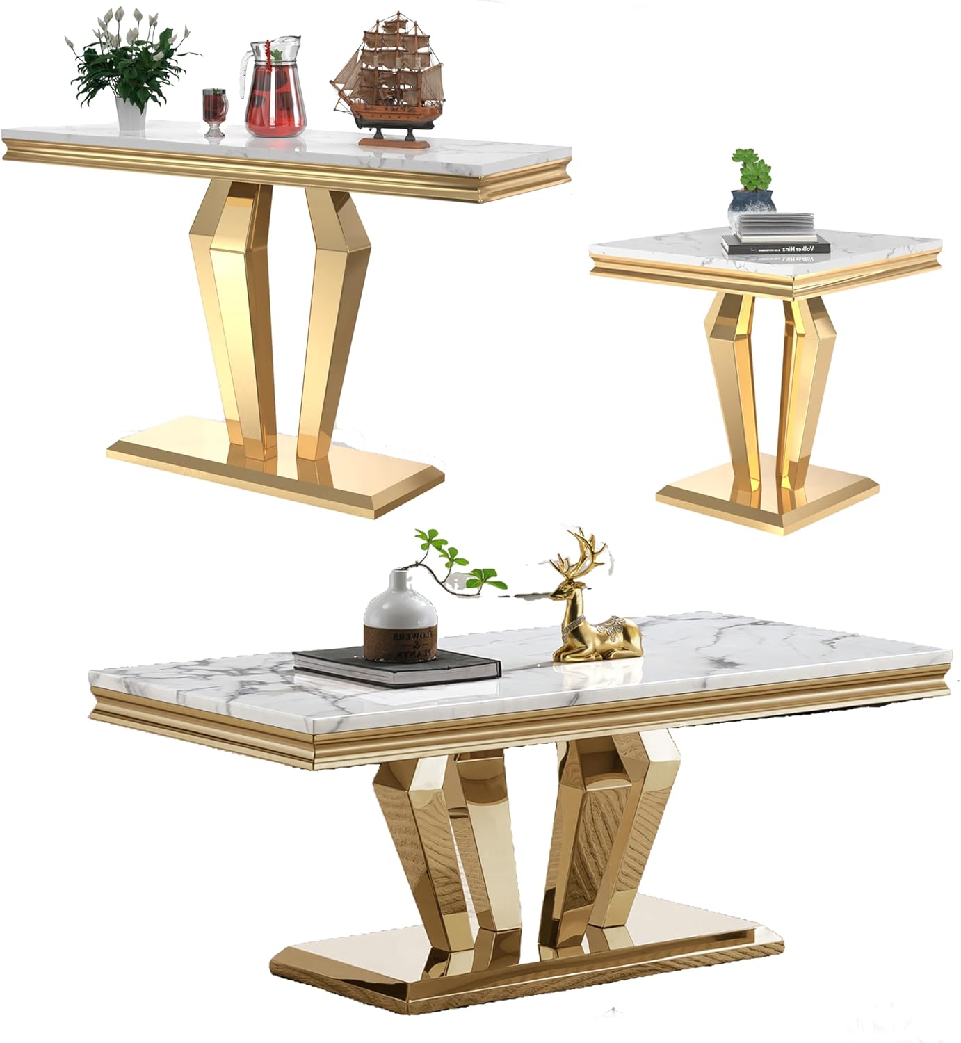 3 Pieces Living Room Table Set, Faux Marble Coffee Table Set of 3, Modern Coffee Table, Console Table and End Table with Diamond-Shaped Stainless Steel Base for Living Room (White Gold)