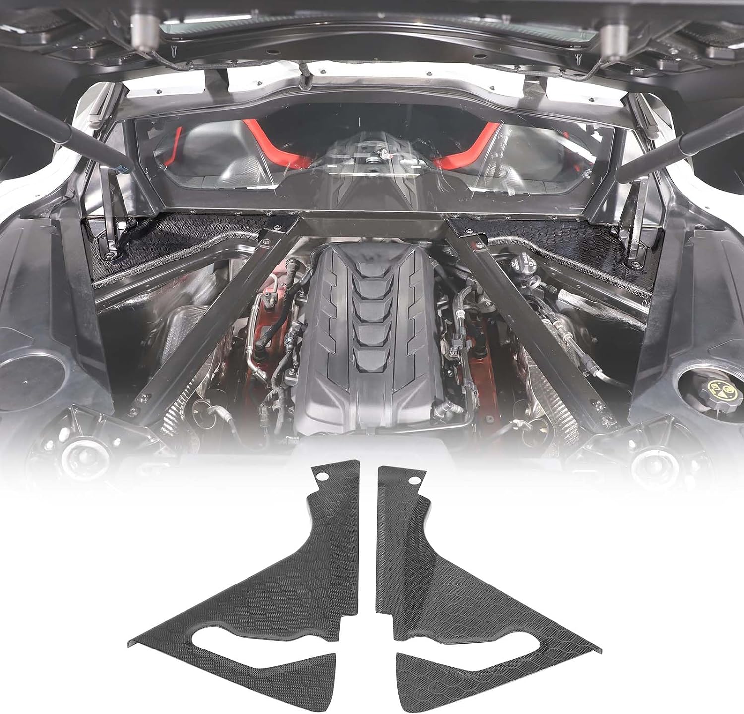 Real Carbon Fiber Engine Bay Panel Cover Compatible with Chevrolet Corvette C8 2020-2026, Front Hood Lift Supports Shock Struts Base Trim Cover Accessories 2Pcs (Honeycomb Pattern)