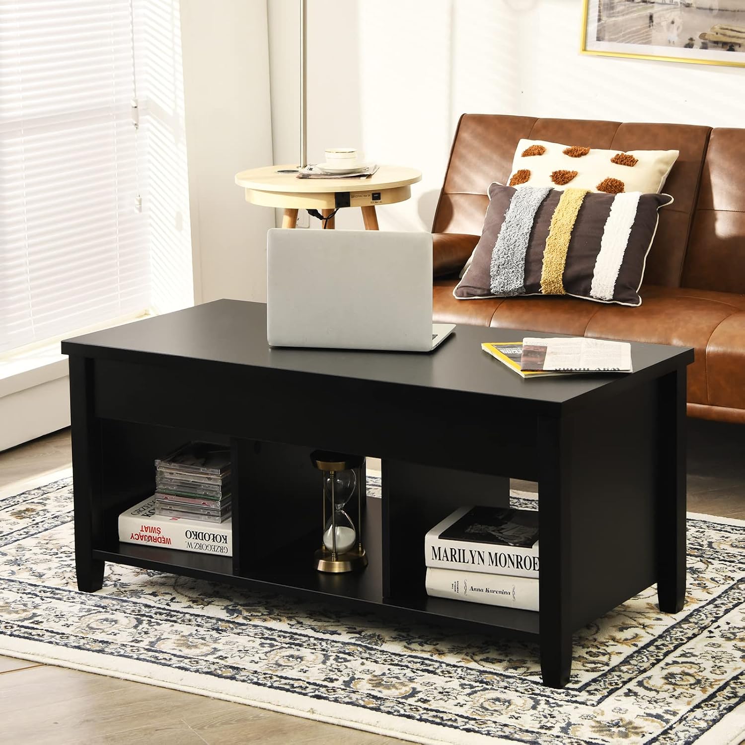 COSTWAY Lift Top Coffee Table, with Hidden Storage Compartment & 3 Open Shelves, Rectangular Cocktail Tea Table with Solid Wood Legs for Living Room Reception Room (Black)