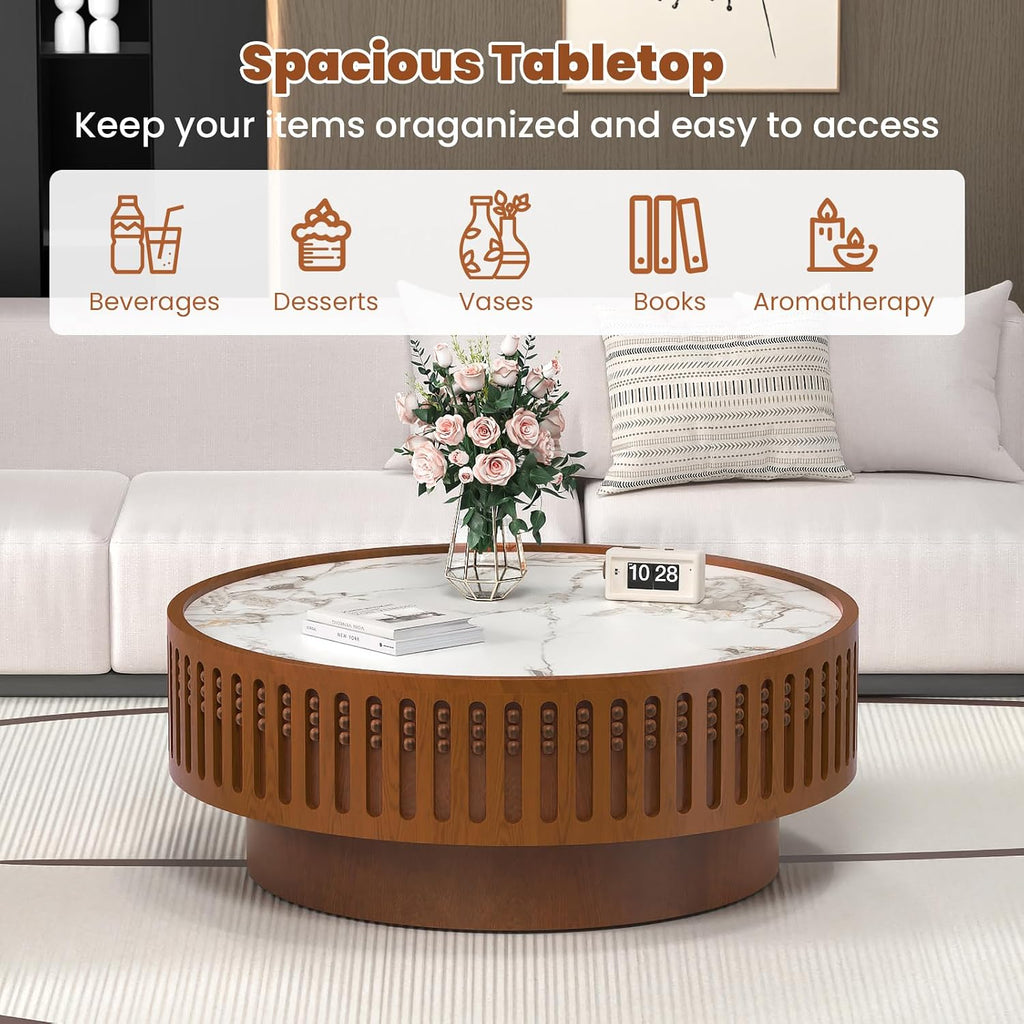 35.43' Round Coffee Table with Sintered Stone Tabletop, Modern Drum Fluted Center Table, Unique Circle Wood Coffee Table for Living Room Small Spaces (Walnut, 35.43' Sintered Stone Tabletop)