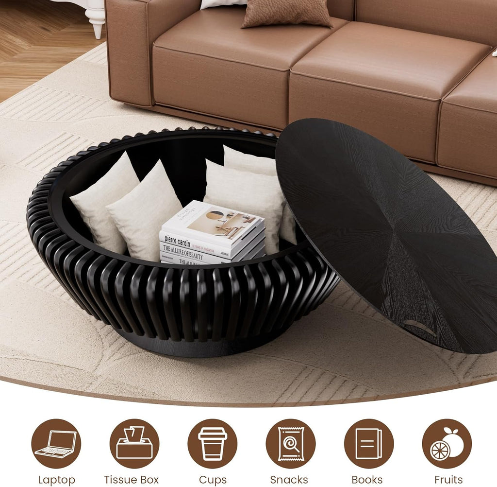 Round Fluted Coffee Table with Storage, 35.4' Wooden Drum Coffee Table, Modern Circle Center Accent Furniture, Tea Table for Living Room Apartment Small Space (Black, 35.4' with Storage)