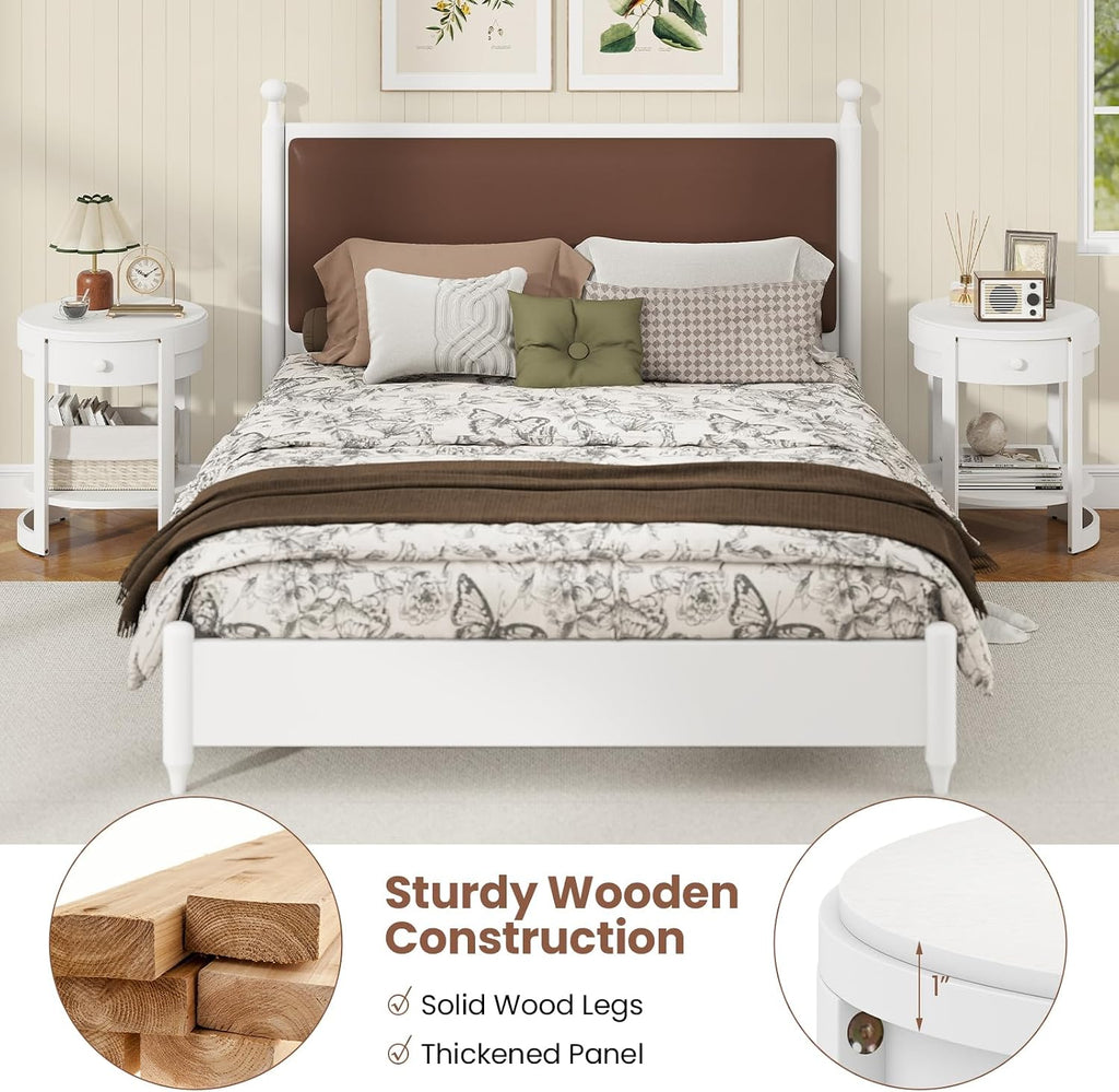 Giantex Round Side Table Set of 2, 2-Tier Wooden End Table with Drawer and Shelf, Vintage Wood Grain Finish, Modern Circle Night Stand for Living Room Bedroom, White