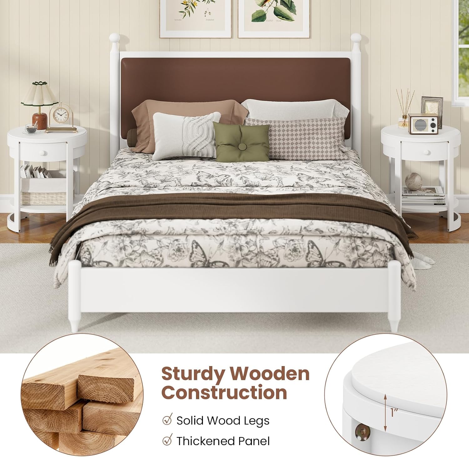 Giantex Round Side Table Set of 2, 2-Tier Wooden End Table with Drawer and Shelf, Vintage Wood Grain Finish, Modern Circle Night Stand for Living Room Bedroom, White