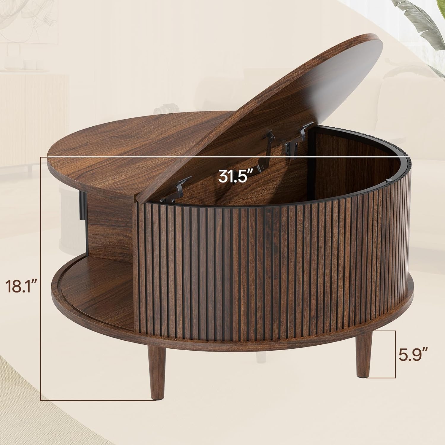 Round Coffee Table with Storage, Mid Century Modern Coffee Table, Fluted Dining Table with Sliding Door, Circle Coffee Table for Living Room Home Office, 31.5', Walnut