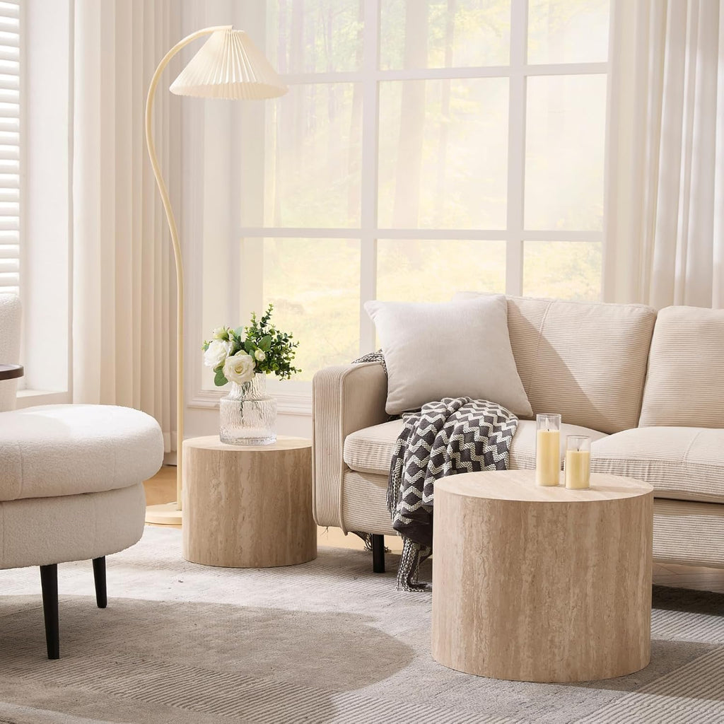 Nesting Coffee Table Set of 2 Wood Circle Drum Coffee Tables Set Round Fluted Coffee Tables for Living Room & Small Space (terrazzo)