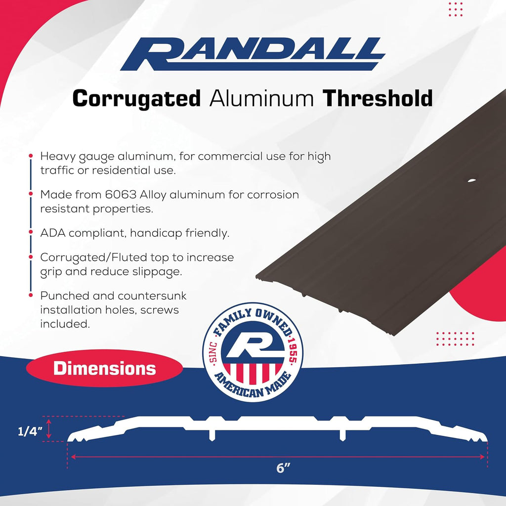 6' x 1/4' Fluted Aluminum Threshold – Dark Bronze | Heavy Duty 6 Inch Wide x 1/4 Inch High Door Saddle | Pre-Drilled Countersunk Holes, Screws Included, Cut to Size | Made in USA by Randall Mfg (6 FT)