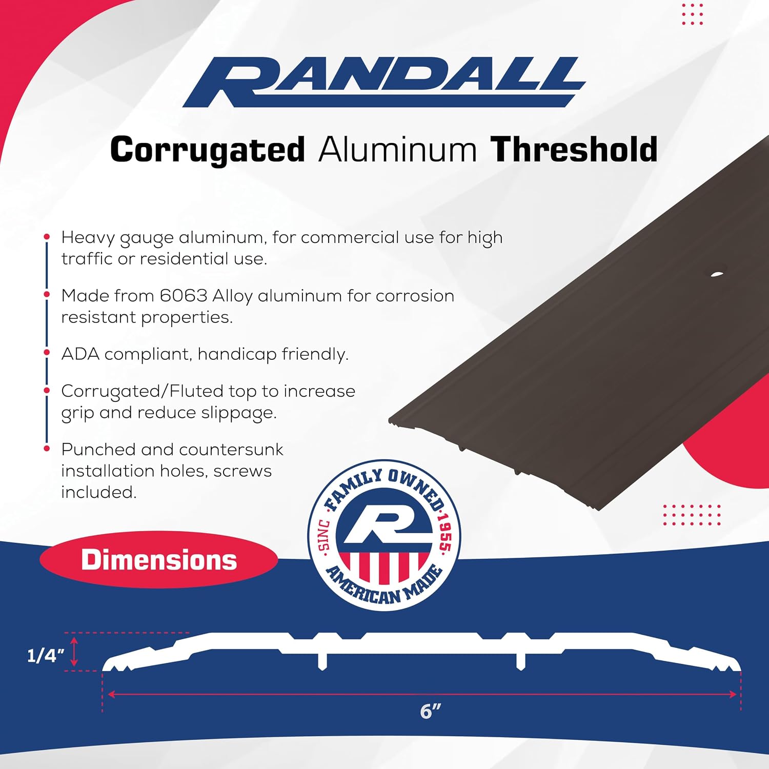 6' x 1/4' Fluted Aluminum Threshold – Dark Bronze | Heavy Duty 6 Inch Wide x 1/4 Inch High Door Saddle | Pre-Drilled Countersunk Holes, Screws Included, Cut to Size | Made in USA by Randall Mfg (6 FT)
