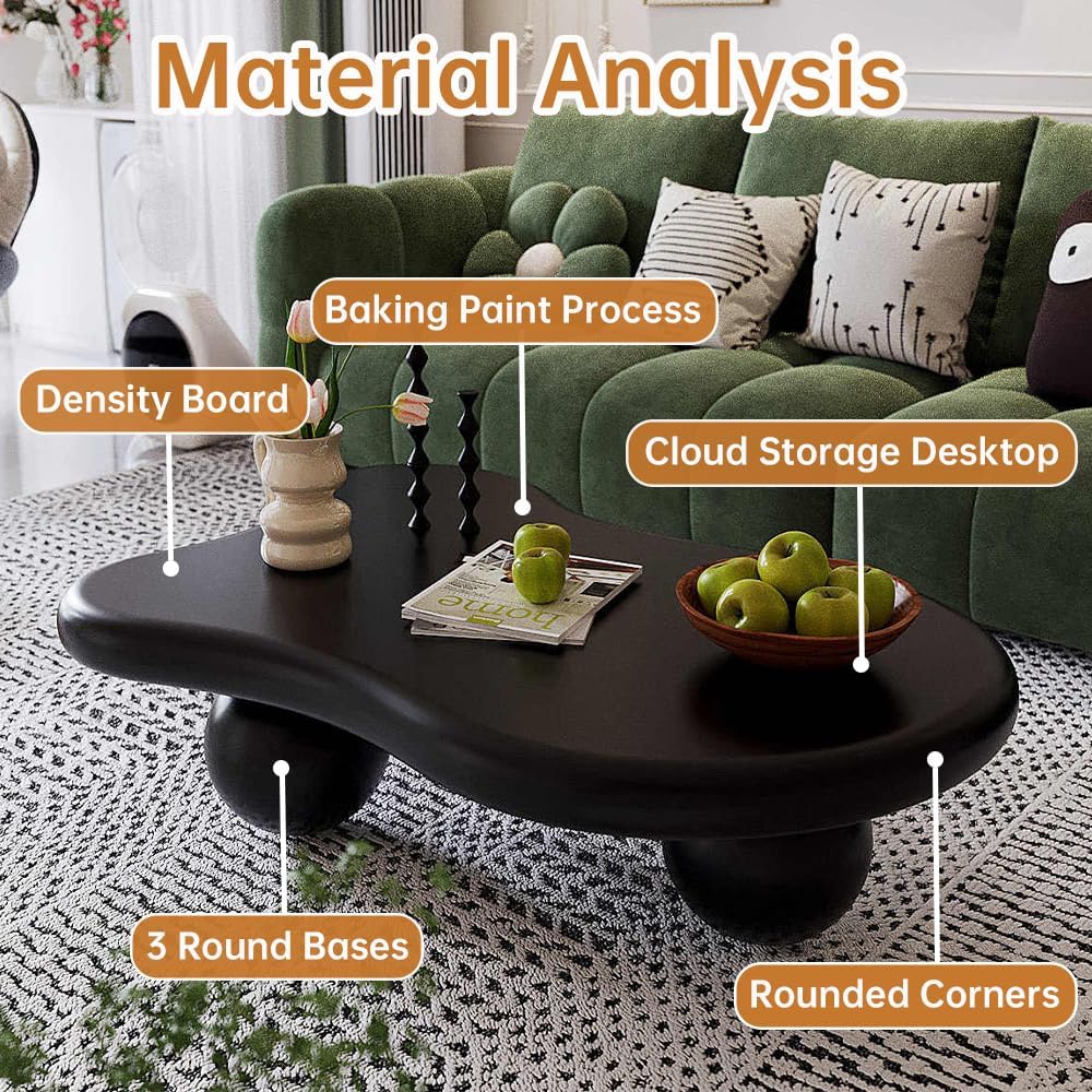 Cloud Coffee Table for Living Room Modern Irregular Coffee Table Asymmetrical Unique Center Table (C Black 46in)