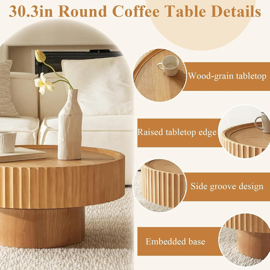Round Coffee Table, 30.3in Modern Living Room Table, Fluted Drum Circle Tea Table with Storage, Accent Center Tables for Living Room, Apartment, Small Space (Nature Wood)