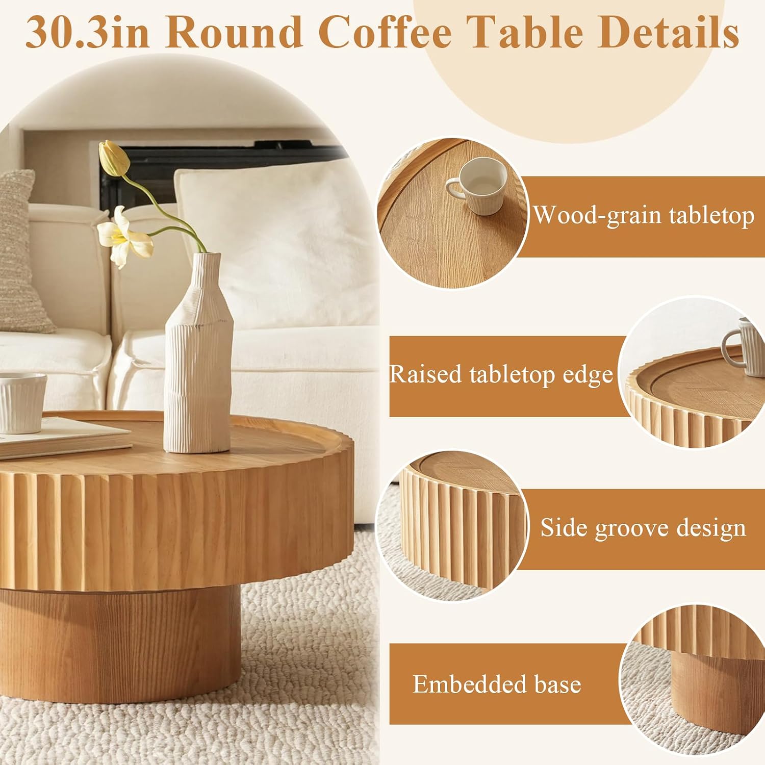 Round Coffee Table, 30.3in Modern Living Room Table, Fluted Drum Circle Tea Table with Storage, Accent Center Tables for Living Room, Apartment, Small Space (Nature Wood)