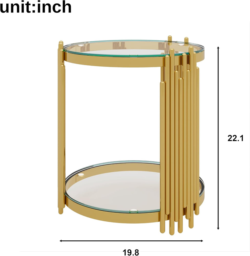 19.8'' Tempered Glass Side Tabel Round End for Living Room, 2-Tier Modern Accent Circle Design, Transparent Mirror Tabletop & Metal Drum Base, Easy Assembly, Transparent & Gold