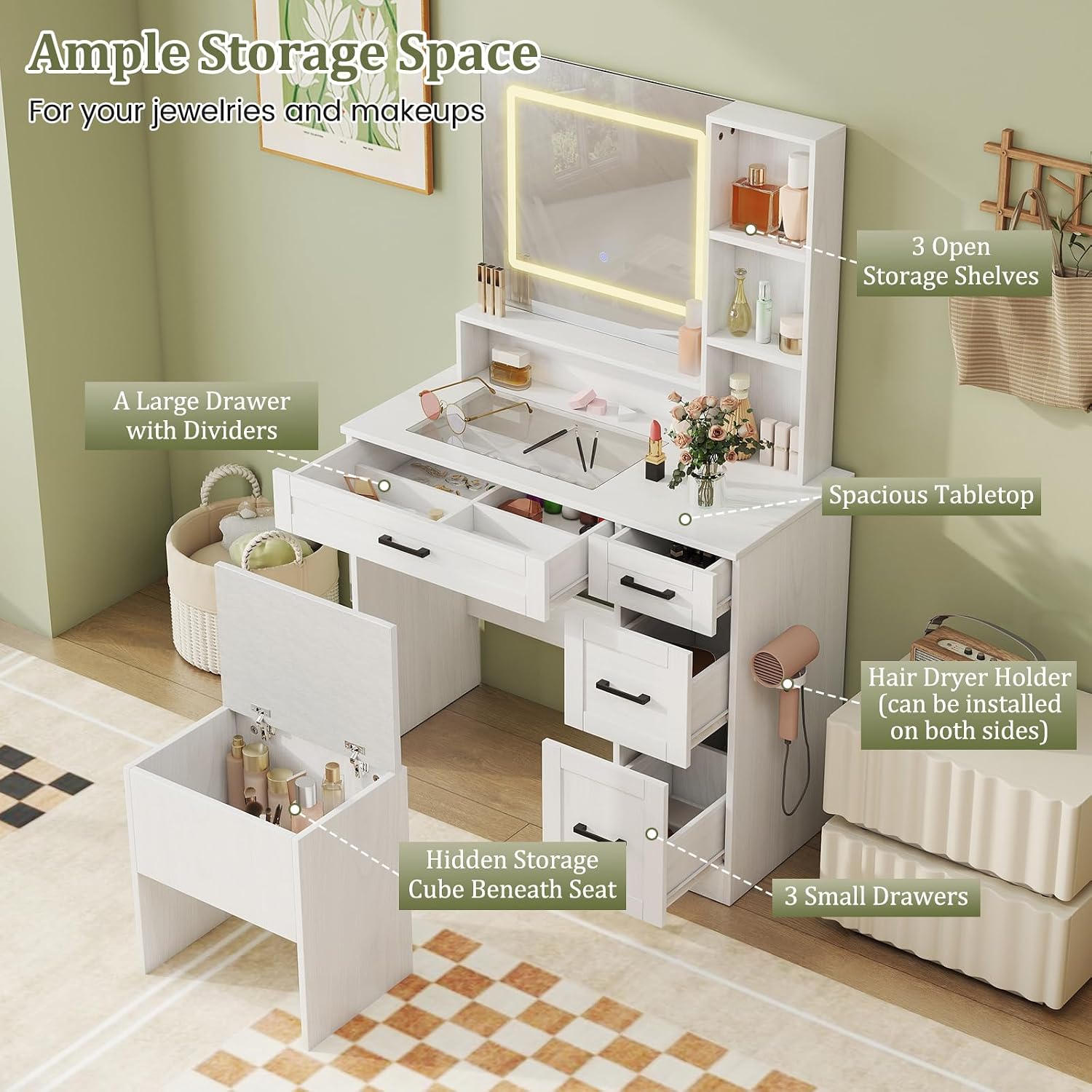 LOKO Vanity Desk with Mirror & Lights, Makeup Table & Stool Set with Storage, Charging Station, Hair Dryer Stand, 3 Color Lighting, See-Through Tempered Glass Tabletop, Modern Dressing Desk, White