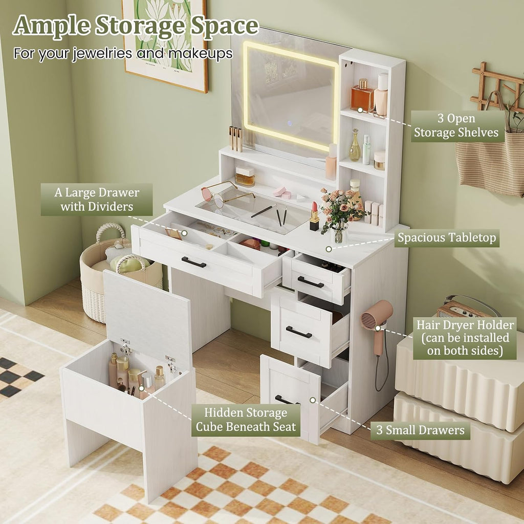 Vanity Desk with Mirror and Lights, Dressing Table with Storage Stool, Drawers & Shelves, Charging Station, Hair Dryer Stand, 3 Color Lighting, Glass Tabletop, Makeup Vanity for Bedroom, White