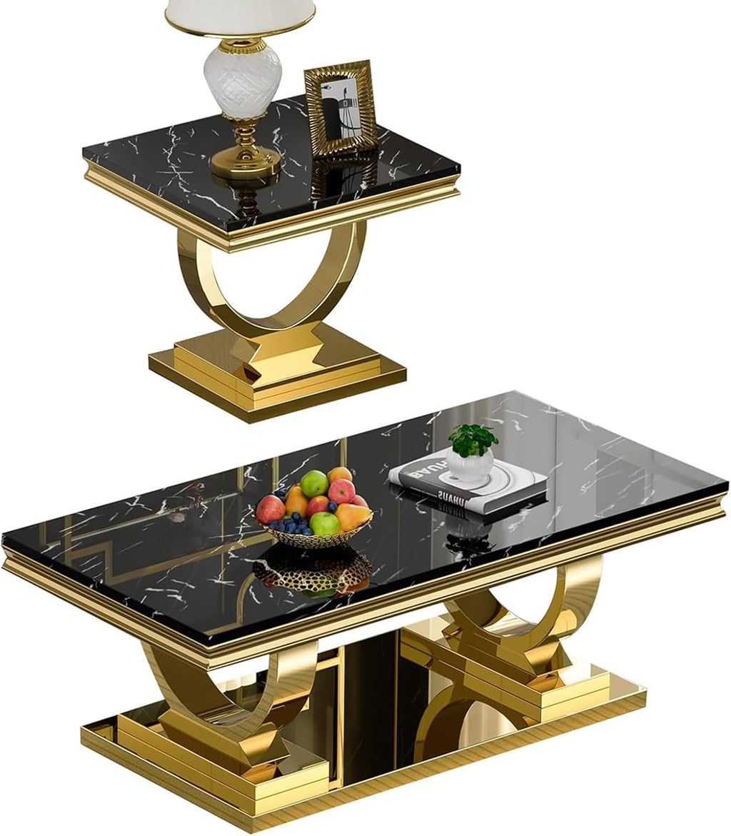 2 Piece Living Room Table Set, Modern Faux Marble Coffee & End Table Set for Living Room Apartment, Mirrored Stainless Steel Base, Imitation Marble Tabletop (Black & Gold)