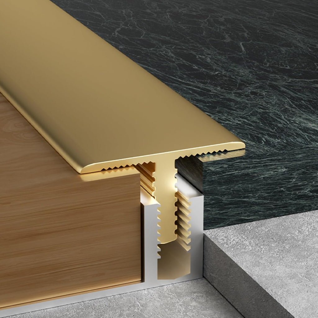 Brass Transition Strip for Wood to Tile - T-Molding Flooring Edge Trim with Track Base, Vinyl Floor Threshold Cover for Gap Joining (Fits 12mm-15mm - 1/2' to 5/8')