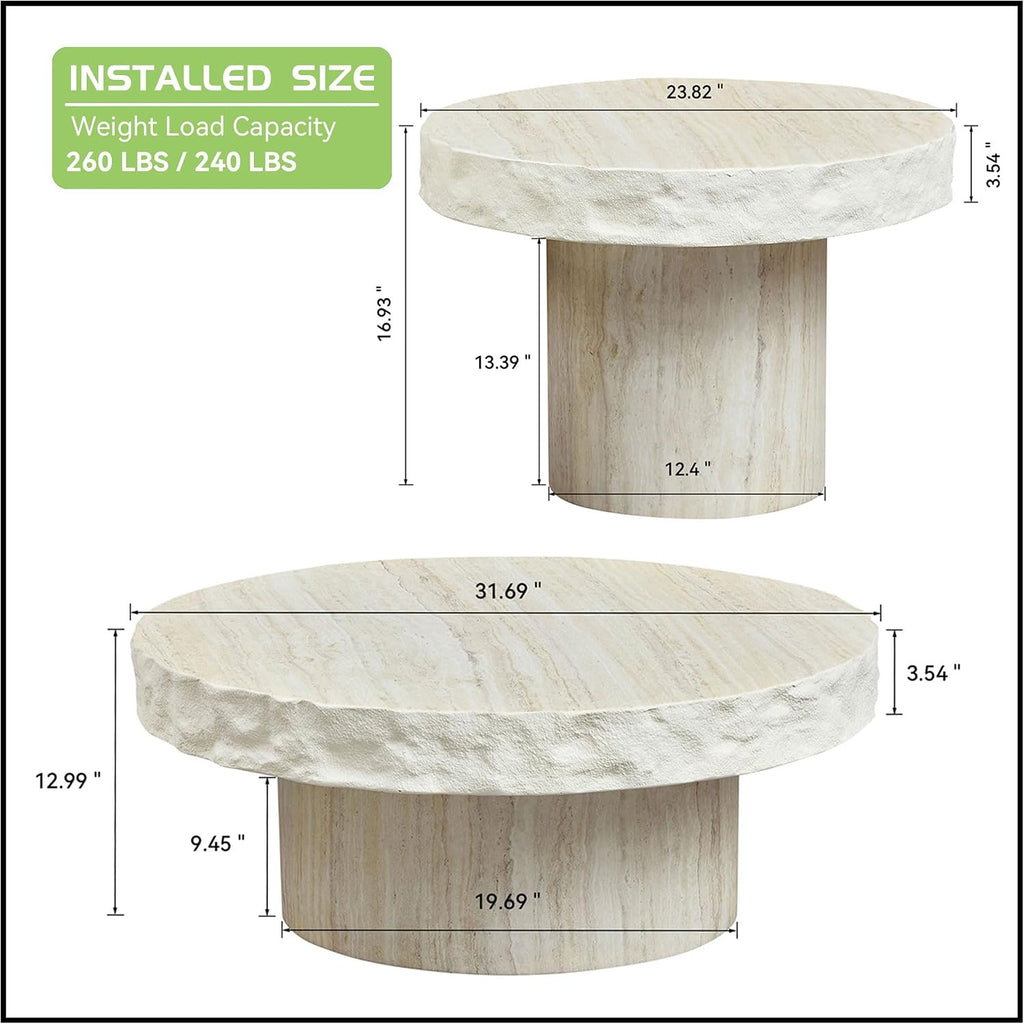 Set of 2 Round Coffee Tables for Living Room, 31.7' W x 13' H Faux Mars Circle Drum Pattern Modern Minimalist 23.82' W x16.93 Side Tables Accent End Table for Apartment, Office, Beige
