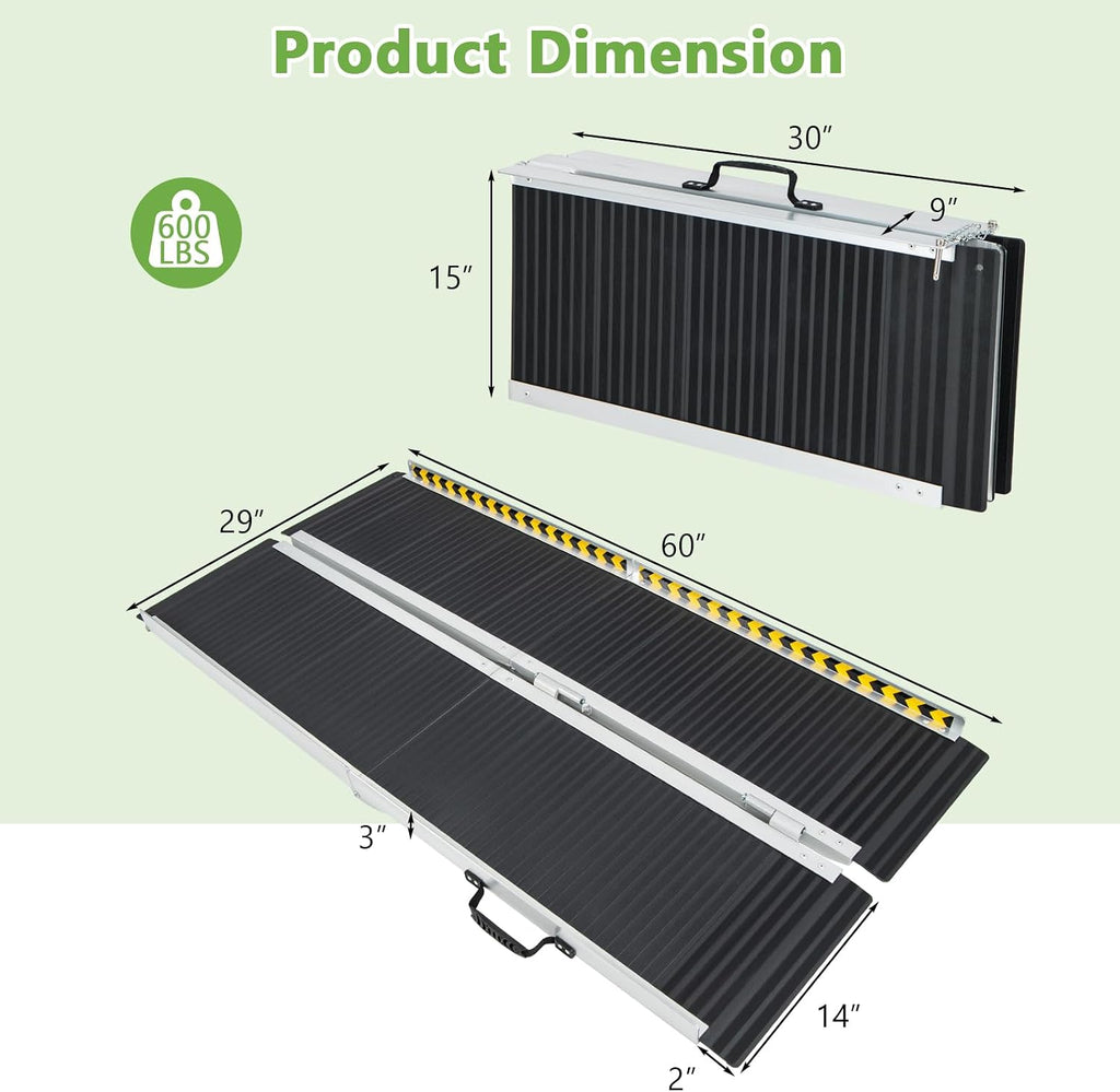 Goplus 5 FT Portable Wheelchair Ramp, Anti-Slip Folding Handicap Ramp w/Transition Plate, Reflective Warning Stickers, 600 LBS Threshold Ramp for Stairs, Doorways, Scooter, Trunk, Curbs, Garage