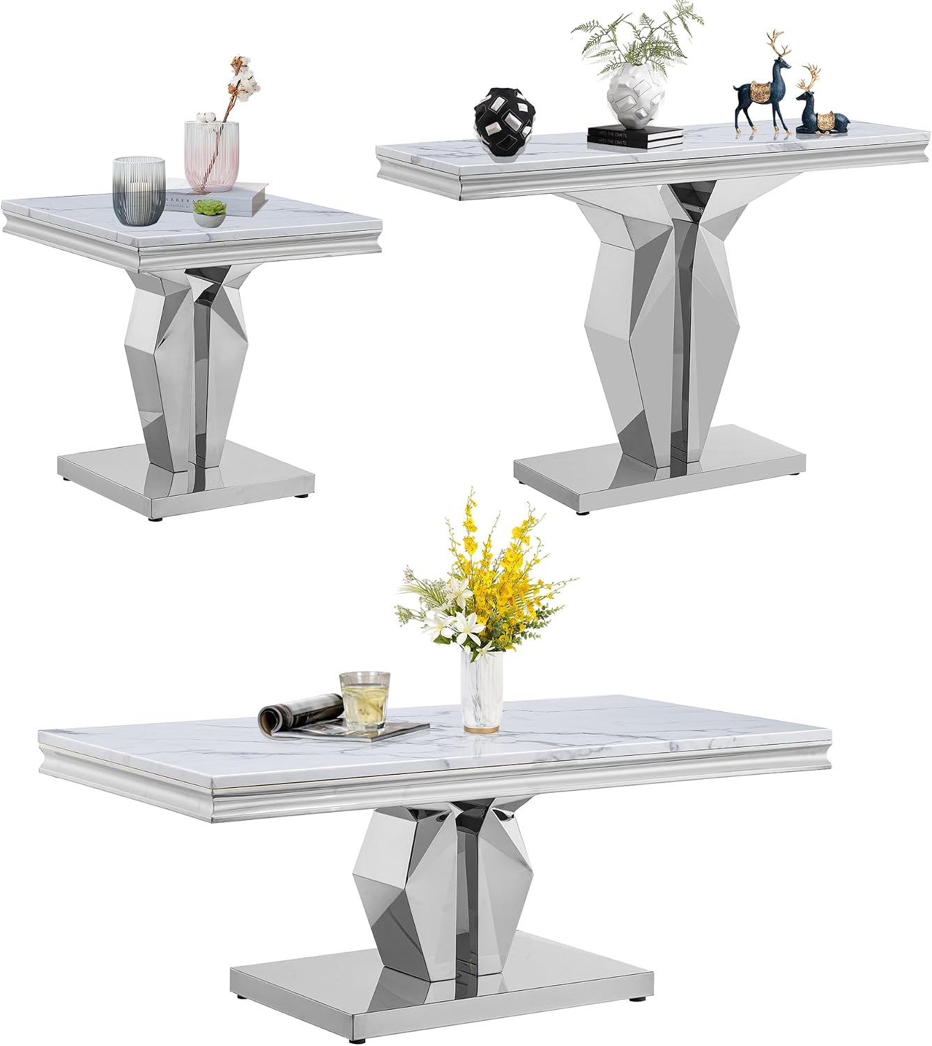 Henf 3 Piece Living Room Table Set, Faux Marble Coffee & Console & End Tables, Luxury White Gold Coffee Table Set of 3 with Mirrored Stainless Steel Base for Living Room Apartment