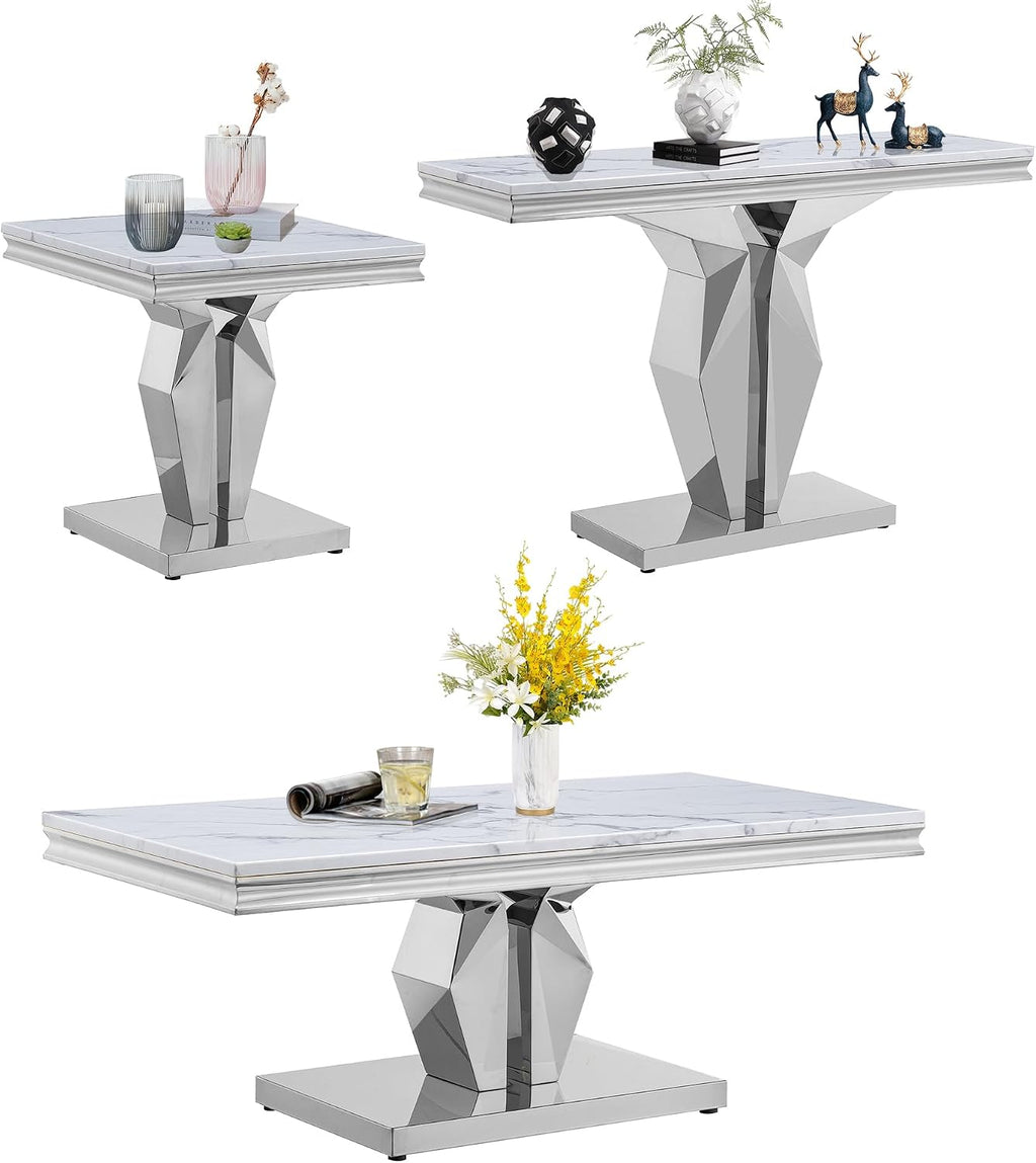 3 Pieces Living Room Table Set, Faux Marble Coffee Table Set of 3, Modern Coffee Table, Console Table and End Table with Y-Shaped Stainless Steel Base for Living Room (White Silver)