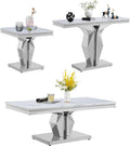 3 Pieces Living Room Table Set, Faux Marble Coffee Table Set of 3, Modern Coffee Table, Console Table and End Table with Y-Shaped Stainless Steel Base for Living Room (White Silver)