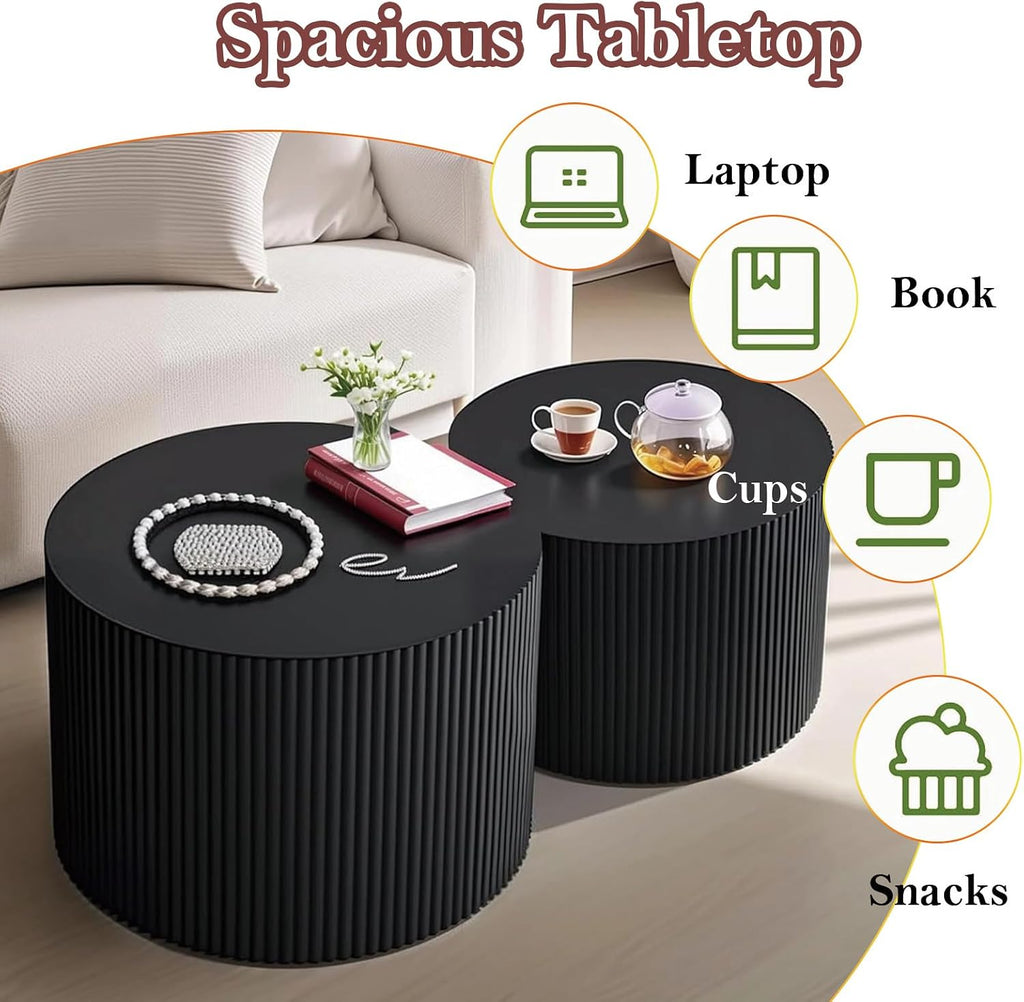 Black Round Fluted Coffee Table Set of 2 - Handcraft Embossed Design, Stylish Combination Center Drum Table for Living Room - No Assemble Needed (D-18.9IN+15IN)