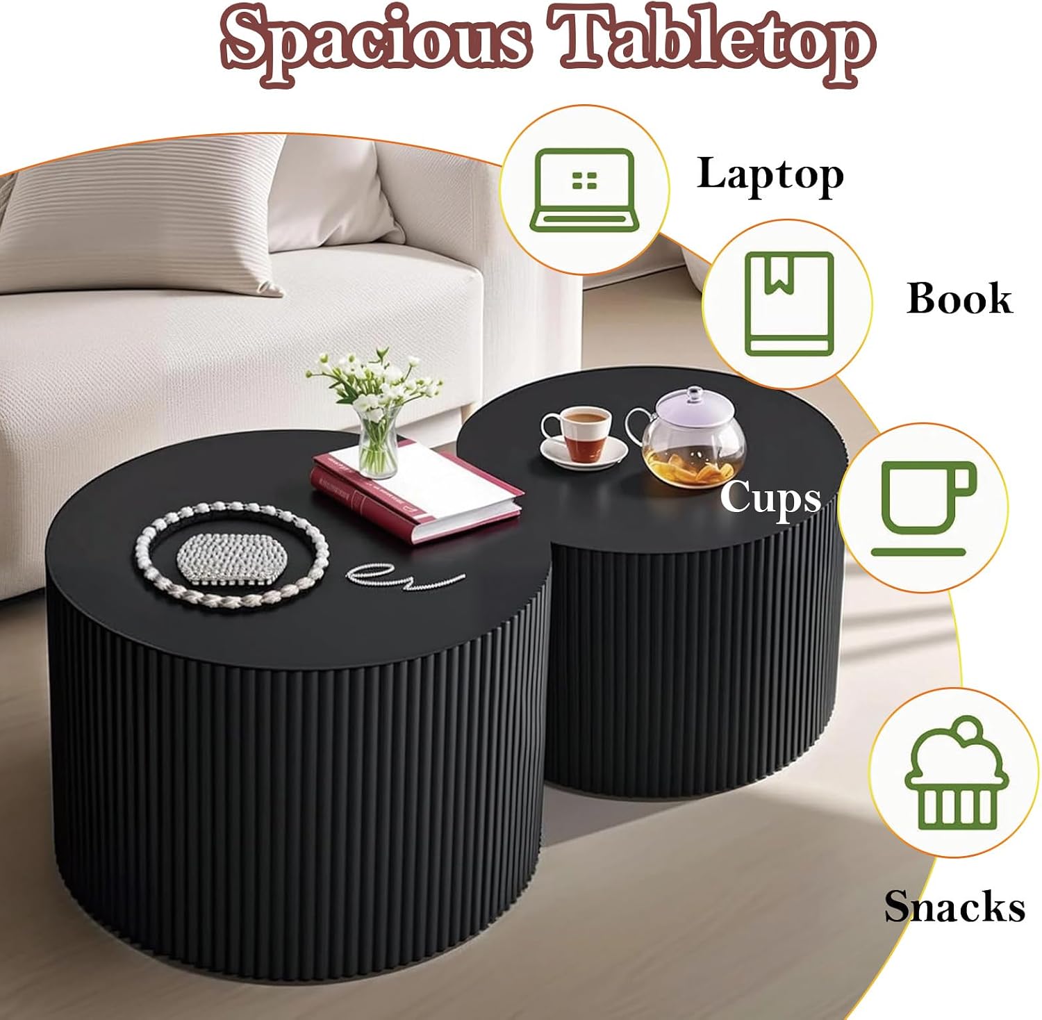Black Round Fluted Coffee Table Set of 2 - Handcraft Embossed Design, Stylish Combination Center Drum Table for Living Room - No Assemble Needed (D-18.9IN+15IN)