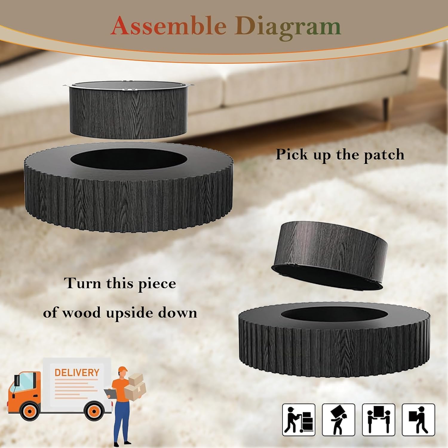 Black Fluted Coffee Table Mid Century Circle Center Tables for Living Room Chic Round Drum End Table for Small Space Easy Assembly (Round Black 31.5in)