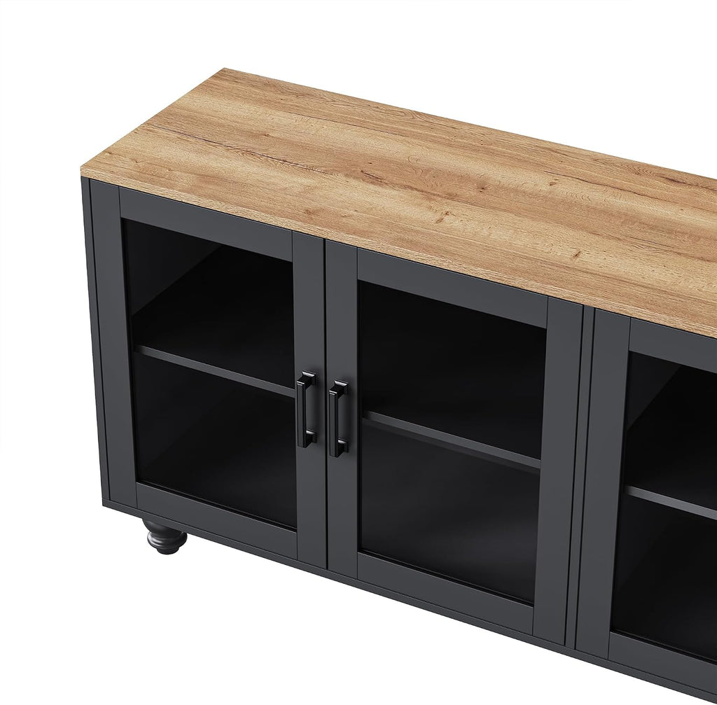 Ball & Cast Farmhouse TV Stand with Tempered Glass Doors for TVs up to 70',Sideboard Buffet w/5 Solid Wood Gourd-Shaped Legs & Adjustable Shelf,Entertainment Center for Living Room,Black+Natural
