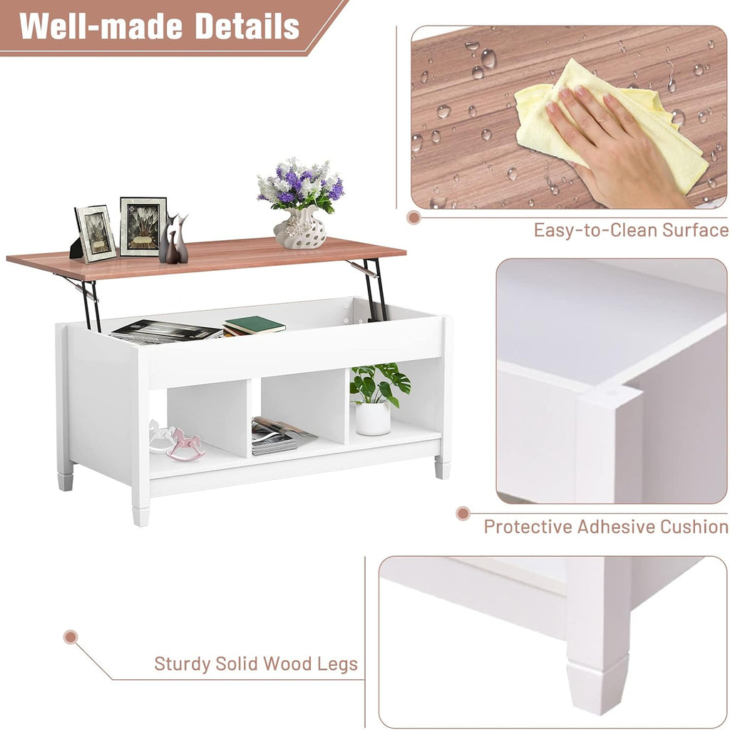 COSTWAY Lift Top Coffee Table, with Hidden Storage Compartment & 3 Open Shelves, Rectangular Cocktail Tea Table with Solid Wood Legs for Living Room Reception Room (White)