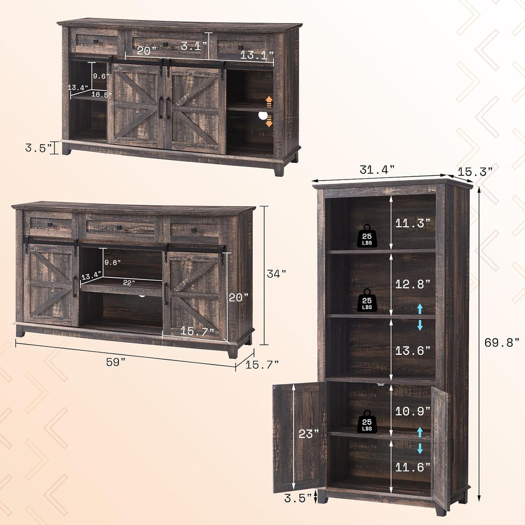 AMERLIFE 4 Piece Farmhouse Table Set, TV Stand, 2 Bookcases & Coffee Table, Entertainment Center for 65 Inch Television with Sliding Barn Doors & Storage Drawers, for Living Room, Bedroom, Oak Black