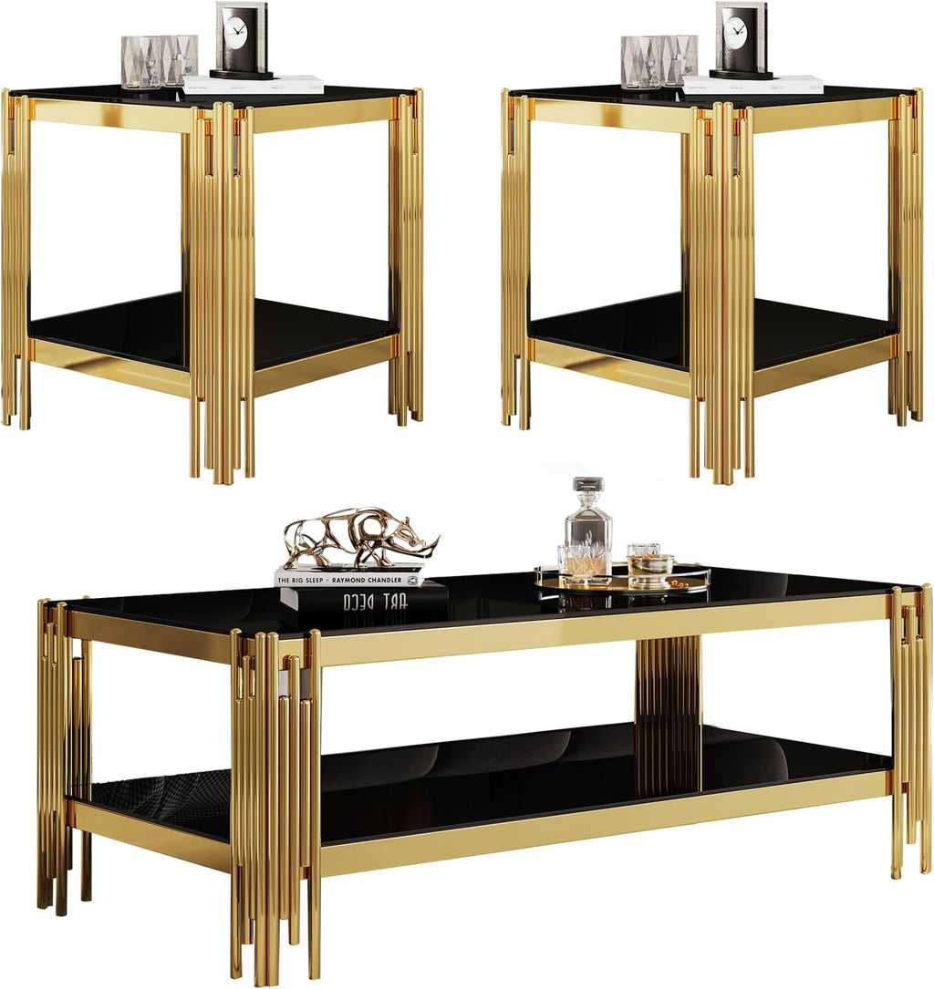 SSLine 3-Piece Living Room Table Set, Modern Black Glass Coffee Table with 2 End Table, Luxury Rectangle 2-Tier Storage Coffee Table Set with Gold Stainless Steel Frame for Living Room