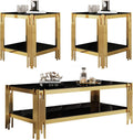 SSLine 3-Piece Living Room Table Set, Modern Black Glass Coffee Table with 2 End Table, Luxury Rectangle 2-Tier Storage Coffee Table Set with Gold Stainless Steel Frame for Living Room