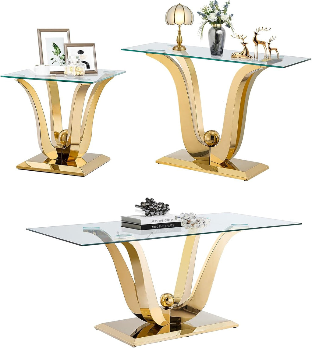 Elegant Glass Console Entryway Table, 47 inch Clear Glass Narrow Long Sofa Table, Modern Accent Table Entrance Table with Gold Gorgeous Stainless Steel Frame for Entrance, Living Room